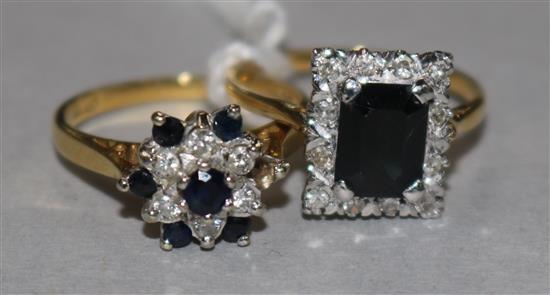 Two 18ct gold, sapphire and diamond cluster rings.
